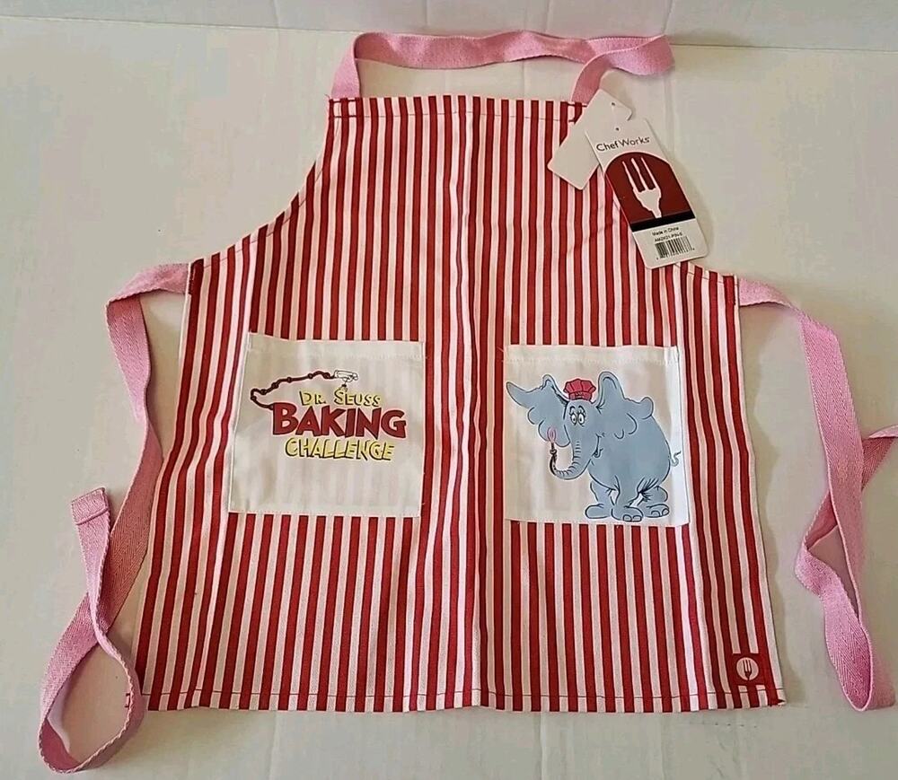 NWT Dr. Seuss Baking Challenge Apron Kitchen Cooking Red White Striped Elephant